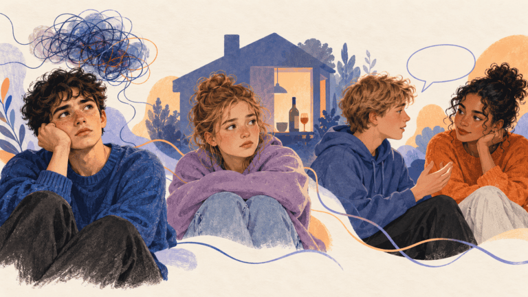 Illustration af tre tabubelagte emner: psykiske udfordringer, alkoholproblemer i familien og det at bede om hjælp.